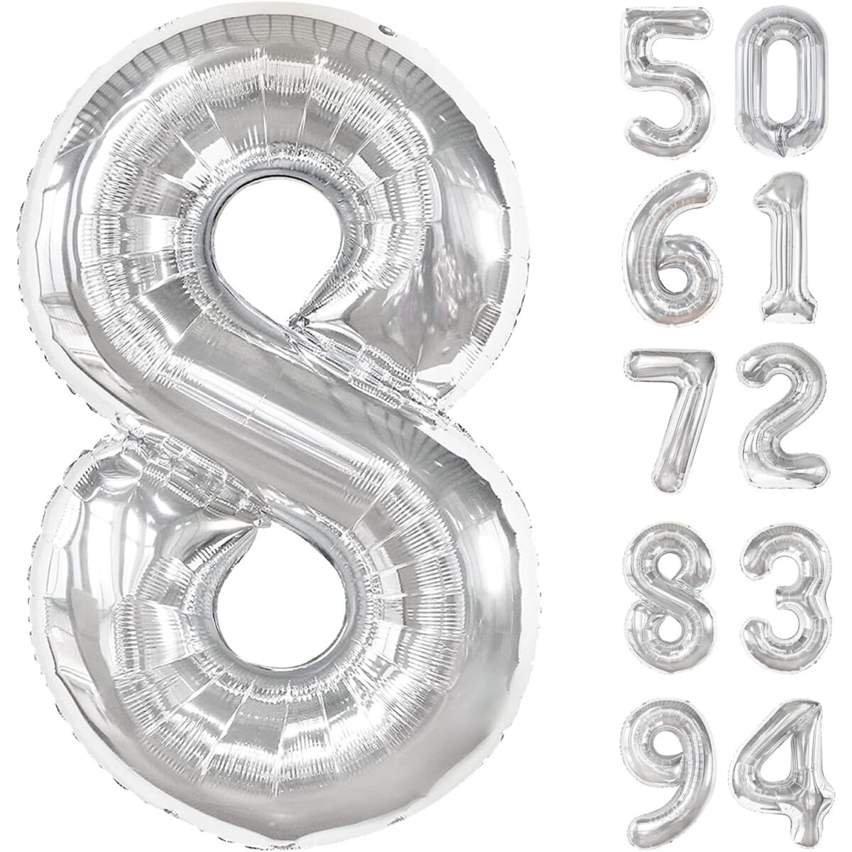 Balon din Folie Metalizata, Embo, Figurina Cifra, Tema Aniversare 80 cm, Ambalaj Individual, Pai inclus, Umflare cu Aer sau Heliu, Argintiu, Cifra 8 - imagine 8