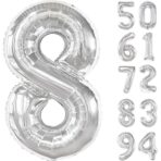 Balon din Folie Metalizata, Embo, Figurina Cifra, Tema Aniversare 80 cm, Ambalaj Individual, Pai inclus, Umflare cu Aer sau Heliu, Argintiu, Cifra 8 - imagine 8