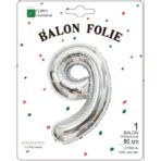 Balon din Folie Metalizata, Embo, Figurina Cifra, Tema Aniversare 80 cm, Ambalaj Individual, Pai inclus, Umflare cu Aer sau Heliu, Argintiu, Cifra 9 - imagine 2