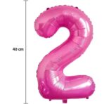 Balon din Folie Metalizata Embo, Figurina Cifra, Tema Aniversare 40 cm, Ambalaj Individual, Pai inclus, Umflare cu Aer sau Heliu, Roz, Cifra 2 - imagine 2