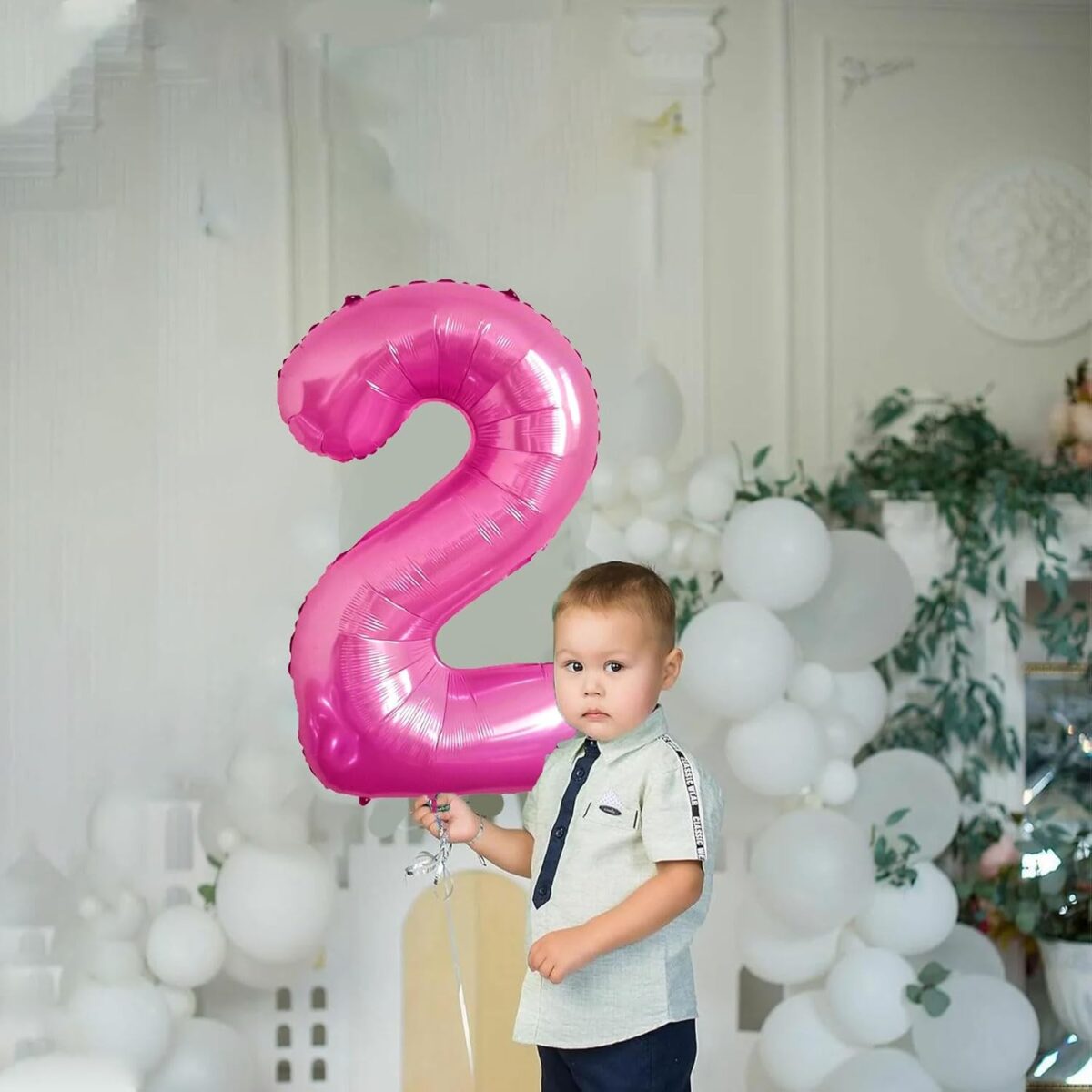 Balon din Folie Metalizata Embo, Figurina Cifra, Tema Aniversare 40 cm, Ambalaj Individual, Pai inclus, Umflare cu Aer sau Heliu, Roz, Cifra 2 - imagine 4