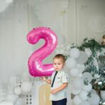 Balon din Folie Metalizata Embo, Figurina Cifra, Tema Aniversare 40 cm, Ambalaj Individual, Pai inclus, Umflare cu Aer sau Heliu, Roz, Cifra 2 - imagine 4
