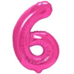 Balon din Folie Metalizata Embo, Figurina Cifra, Tema Aniversare 40 cm, Ambalaj Individual, Pai inclus, Umflare cu Aer sau Heliu, Roz, Cifra 6