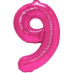 Balon din Folie Metalizata Embo, Figurina Cifra, Tema Aniversare 40 cm, Ambalaj Individual, Pai inclus, Umflare cu Aer sau Heliu, Roz, Cifra 9