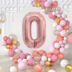 Balon din Folie Metalizata Embo, Figurina Cifra, Tema Aniversare 40 cm, Ambalaj Individual, Pai inclus, Umflare cu Aer sau Heliu, Rose Gold, Cifra 0 - imagine 3