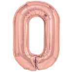 Balon din Folie Metalizata Embo, Figurina Cifra, Tema Aniversare 40 cm, Ambalaj Individual, Pai inclus, Umflare cu Aer sau Heliu, Rose Gold, Cifra 0