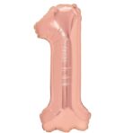 Balon din Folie Metalizata Embo, Figurina Cifra, Tema Aniversare 40 cm, Ambalaj Individual, Pai inclus, Umflare cu Aer sau Heliu, Rose Gold, Cifra 1