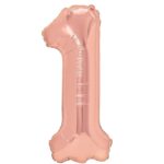 Balon din Folie Metalizata Embo, Figurina Cifra, Tema Aniversare 40 cm, Ambalaj Individual, Pai inclus, Umflare cu Aer sau Heliu, Rose Gold, Cifra 1