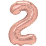 Balon din Folie Metalizata Embo, Figurina Cifra, Tema Aniversare 40 cm, Ambalaj Individual, Pai inclus, Umflare cu Aer sau Heliu, Rose Gold, Cifra 2