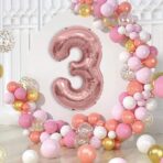 Balon din Folie Metalizata Embo, Figurina Cifra, Tema Aniversare 40 cm, Ambalaj Individual, Pai inclus, Umflare cu Aer sau Heliu, Rose Gold, Cifra 3 - imagine 3