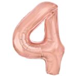 Balon din Folie Metalizata Embo, Figurina Cifra, Tema Aniversare 40 cm, Ambalaj Individual, Pai inclus, Umflare cu Aer sau Heliu, Rose Gold, Cifra 4