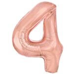 Balon din Folie Metalizata Embo, Figurina Cifra, Tema Aniversare 40 cm, Ambalaj Individual, Pai inclus, Umflare cu Aer sau Heliu, Rose Gold, Cifra 4