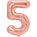 Balon din Folie Metalizata Embo, Figurina Cifra, Tema Aniversare 40 cm, Ambalaj Individual, Pai inclus, Umflare cu Aer sau Heliu, Rose Gold, Cifra 5
