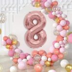 Balon din Folie Metalizata Embo, Figurina Cifra, Tema Aniversare 40 cm, Ambalaj Individual, Pai inclus, Umflare cu Aer sau Heliu, Rose Gold, Cifra 8 - imagine 3