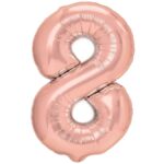 Balon din Folie Metalizata Embo, Figurina Cifra, Tema Aniversare 40 cm, Ambalaj Individual, Pai inclus, Umflare cu Aer sau Heliu, Rose Gold, Cifra 8
