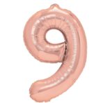 Balon din Folie Metalizata Embo, Figurina Cifra, Tema Aniversare 40 cm, Ambalaj Individual, Pai inclus, Umflare cu Aer sau Heliu, Rose Gold, Cifra 9