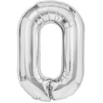 Balon din Folie Metalizata, Embo, Figurina Cifra, Tema Aniversare 40 cm, Ambalaj Individual, Pai inclus, Umflare cu Aer sau Heliu, Argintiu, Cifra 0