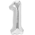 Balon din Folie Metalizata, Embo, Figurina Cifra, Tema Aniversare 40 cm, Ambalaj Individual, Pai inclus, Umflare cu Aer sau Heliu, Argintiu, Cifra 1