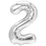 Balon din Folie Metalizata, Embo, Figurina Cifra, Tema Aniversare 40 cm, Ambalaj Individual, Pai inclus, Umflare cu Aer sau Heliu, Argintiu, Cifra 2