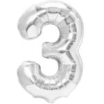 Balon din Folie Metalizata Embo, Figurina Cifra, Tema Aniversare 40 cm, Ambalaj Individual, Pai inclus, Umflare cu Aer sau Heliu, Argintiu, Cifra 3