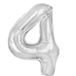Balon din Folie Metalizata, Embo, Figurina Cifra, Tema Aniversare 40 cm, Ambalaj Individual, Pai inclus, Umflare cu Aer sau Heliu, Argintiu, Cifra 4