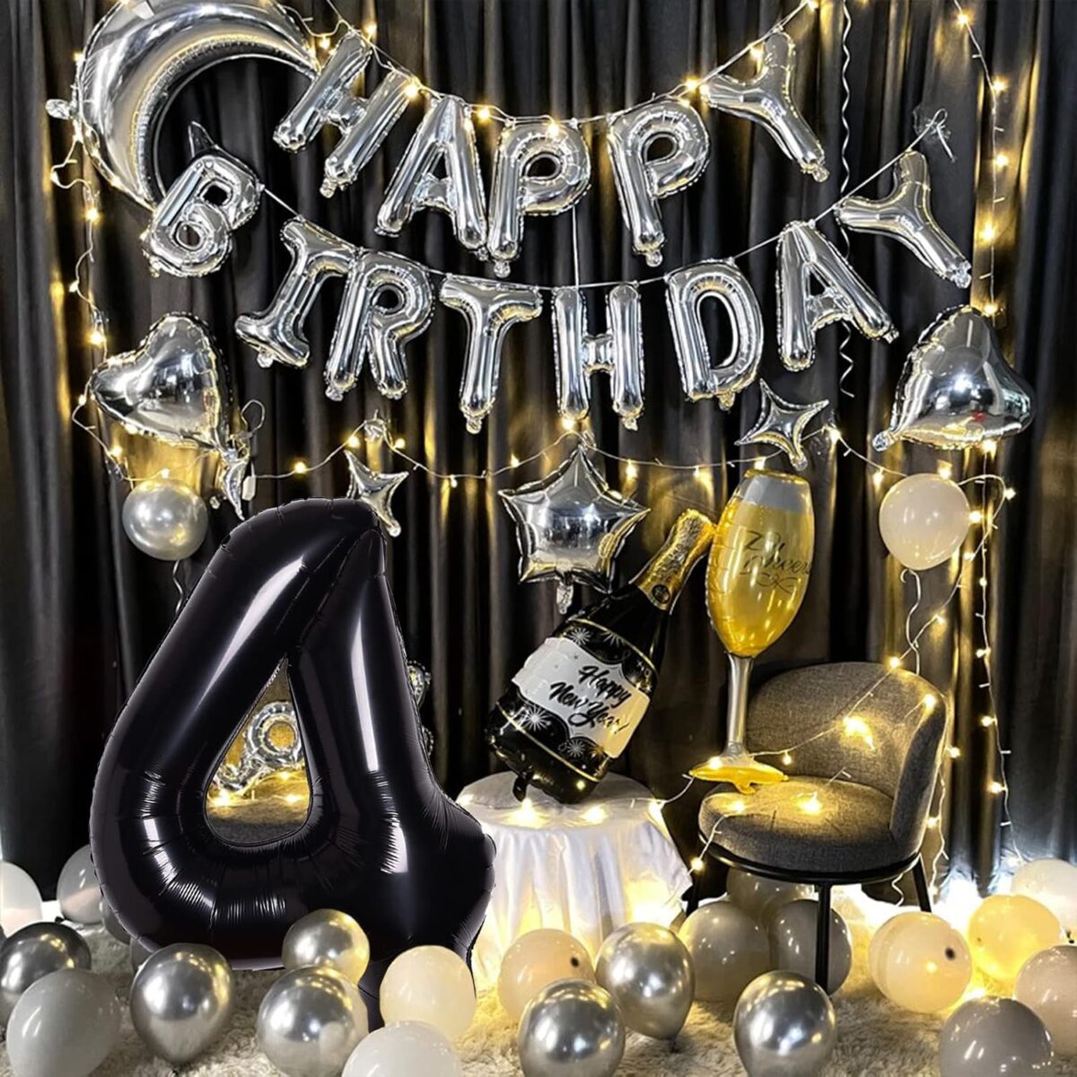 Balon din Folie Metalizata, Embo, Figurina Cifra, Tema Aniversare 80 cm, Ambalaj Individual, Pai inclus, Umflare cu Aer sau Heliu, Negru, Cifra 4 - imagine 5
