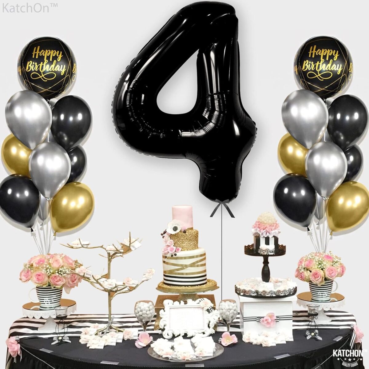 Balon din Folie Metalizata, Embo, Figurina Cifra, Tema Aniversare 80 cm, Ambalaj Individual, Pai inclus, Umflare cu Aer sau Heliu, Negru, Cifra 4 - imagine 6
