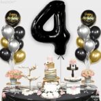 Balon din Folie Metalizata, Embo, Figurina Cifra, Tema Aniversare 80 cm, Ambalaj Individual, Pai inclus, Umflare cu Aer sau Heliu, Negru, Cifra 4 - imagine 6
