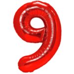 Balon din Folie Metalizata Embo, Figurina Cifra, Tema Aniversare 80 cm, Ambalaj Individual, Pai inclus, Umflare cu Aer sau Heliu, Rosu, Cifra 9