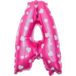 Balon Folie Metalizata Litera A, Embo, 40 cm, Cu Imprimeu Inimioare, Umflati cu Heliu sau Aer, Ambalaj Individual, Pai inclus, Roz