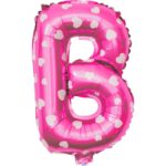 Balon Folie Metalizata Litera B, Embo, 40 cm, Cu Imprimeu Inimioare, Umflati cu Heliu sau Aer, Ambalaj Individual, Pai inclus, Roz