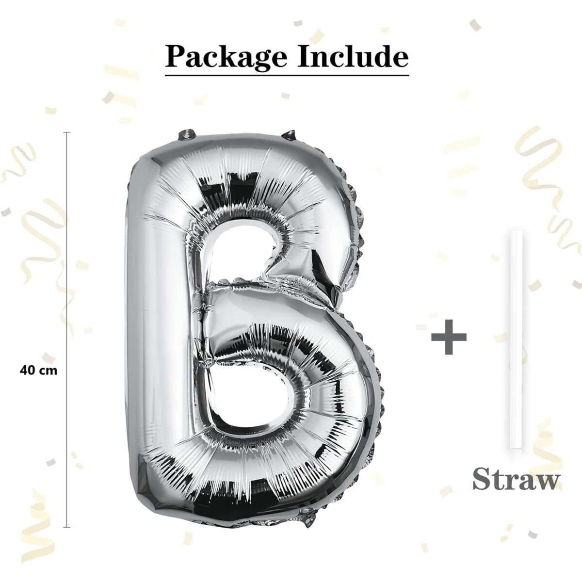 Balon Folie Metalizata Litera B, Embo, 40 cm, Umflati cu Heliu sau Aer, Ambalaj Individual, Pai inclus, Argintiu - imagine 3