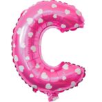 Balon Folie Metalizata Litera C, Embo, 40 cm, Cu Imprimeu Inimioare, Umflati cu Heliu sau Aer, Ambalaj Individual, Pai inclus, Roz