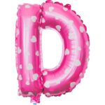 Balon Folie Metalizata Litera D, Embo, 40 cm, Cu Imprimeu Inimioare, Umflati cu Heliu sau Aer, Ambalaj Individual, Pai inclus, Roz
