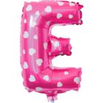 Balon Folie Metalizata Litera E, Embo, 40 cm, Cu Imprimeu Inimioare, Umflati cu Heliu sau Aer, Ambalaj Individual, Pai inclus, Roz - imagine 3