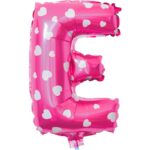 Balon Folie Metalizata Litera E, Embo, 40 cm, Cu Imprimeu Inimioare, Umflati cu Heliu sau Aer, Ambalaj Individual, Pai inclus, Roz