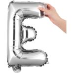 Balon Folie Metalizata Litera E, Embo, 40 cm, Umflati cu Heliu sau Aer, Ambalaj Individual, Pai inclus, Argintiu - imagine 8