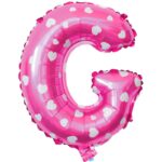 Balon Folie Metalizata Litera G, Embo, 40 cm, Cu Imprimeu Inimioare, Umflati cu Heliu sau Aer, Ambalaj Individual, Pai inclus, Roz