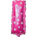 Balon Folie Metalizata Litera I, Embo, 40 cm, Cu Imprimeu Inimioare, Umflati cu Heliu sau Aer, Ambalaj Individual, Pai inclus, Roz