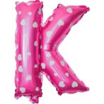Balon Folie Metalizata Litera K, Embo, 40 cm, Cu Imprimeu Inimioare, Umflati cu Heliu sau Aer, Ambalaj Individual, Pai inclus, Roz - imagine 3
