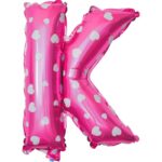 Balon Folie Metalizata Litera K, Embo, 40 cm, Cu Imprimeu Inimioare, Umflati cu Heliu sau Aer, Ambalaj Individual, Pai inclus, Roz