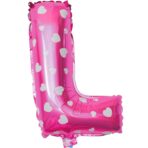 Balon Folie Metalizata Litera L, Embo, 40 cm, Cu Imprimeu Inimioare, Umflati cu Heliu sau Aer, Ambalaj Individual, Pai inclus, Roz