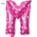 Balon Folie Metalizata Litera M, Embo, 40 cm, Cu Imprimeu Inimioare, Umflati cu Heliu sau Aer, Ambalaj Individual, Pai inclus, Roz - imagine 2