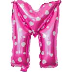 Balon Folie Metalizata Litera M, Embo, 40 cm, Cu Imprimeu Inimioare, Umflati cu Heliu sau Aer, Ambalaj Individual, Pai inclus, Roz