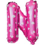 Balon Folie Metalizata Litera N, Embo, 40 cm, Cu Imprimeu Inimioare, Umflati cu Heliu sau Aer, Ambalaj Individual, Pai inclus, Roz