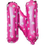 Balon Folie Metalizata Litera N, Embo, 40 cm, Cu Imprimeu Inimioare, Umflati cu Heliu sau Aer, Ambalaj Individual, Pai inclus, Roz