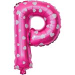 Balon Folie Metalizata Litera P, Embo, 40 cm, Cu Imprimeu Inimioare, Umflati cu Heliu sau Aer, Ambalaj Individual, Pai inclus, Roz