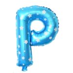Balon Folie Metalizata Litera P, Embo, 40 cm, Cu Imprimeu Stelute, Umflati cu Heliu sau Aer, Ambalaj Individual, Pai inclus, Albastru