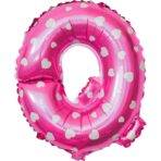 Balon Folie Metalizata Litera Q, Embo, 40 cm, Cu Imprimeu Inimioare, Umflati cu Heliu sau Aer, Ambalaj Individual, Pai inclus, Roz