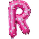 Balon Folie Metalizata Litera R, Embo, 40 cm, Cu Imprimeu Inimioare, Umflati cu Heliu sau Aer, Ambalaj Individual, Pai inclus, Roz